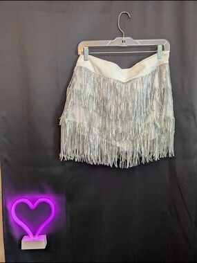 SHEIN Silver Fringe Mini Skirt with White Waistband Taylor Swift Style Festival
